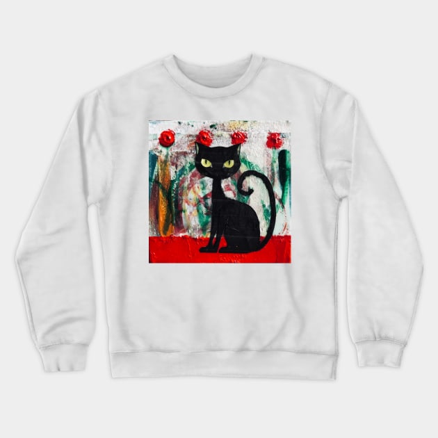 Black Cat With Red Roses Crewneck Sweatshirt by tiffanyarpdaleo